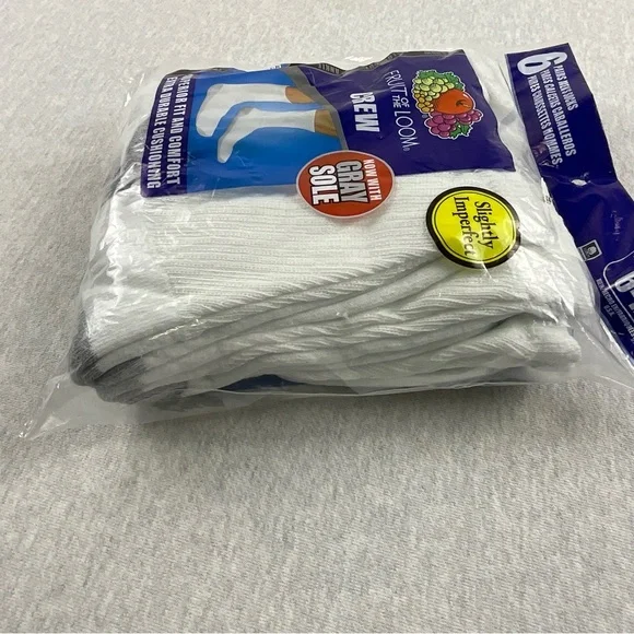 FRUIT OF THE LOOM COTTON BLEND MEN’S CREW SOCKS SLIGHTLY IMPERFECT 6 PAIRS WHITE - Picture 7 of 8